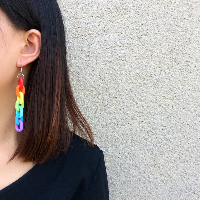 Long Drop Dangle Nepal Rainbow LGBT Earrings