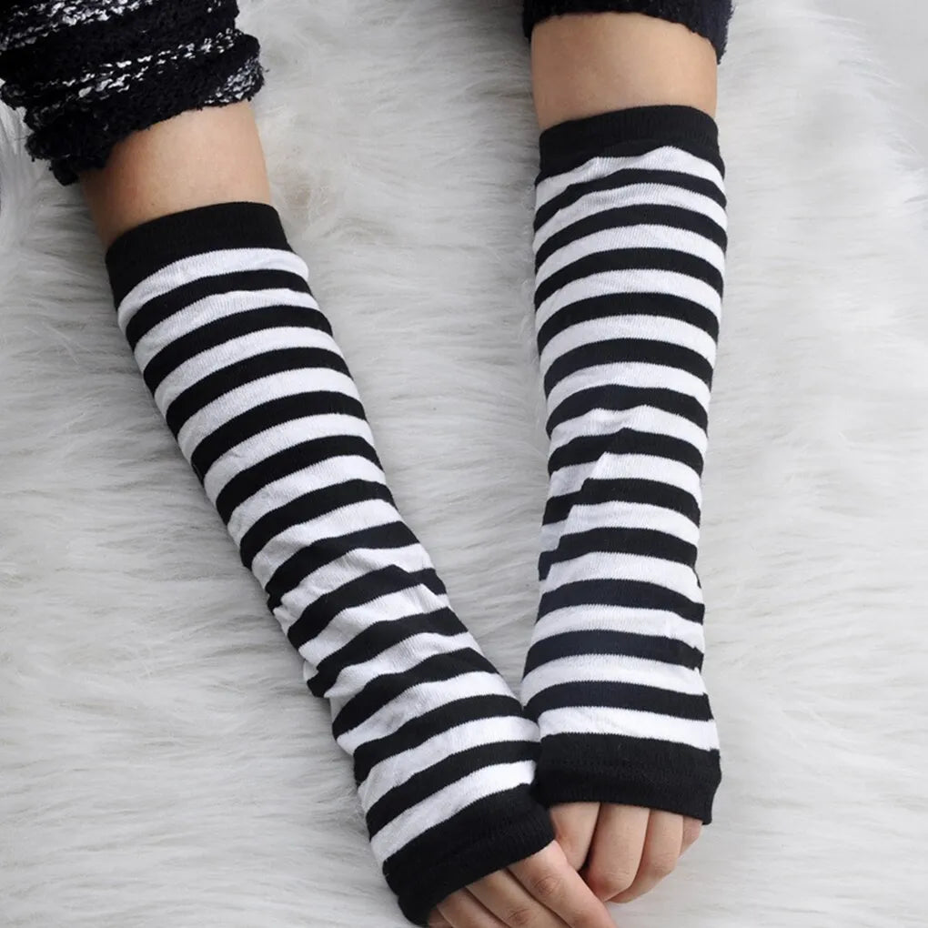 Fashion Women Long Sleeve Striped Fingerless Long Gloves Ladies Stretchy Womens Sexy Knitted Wrist Arm Warmer