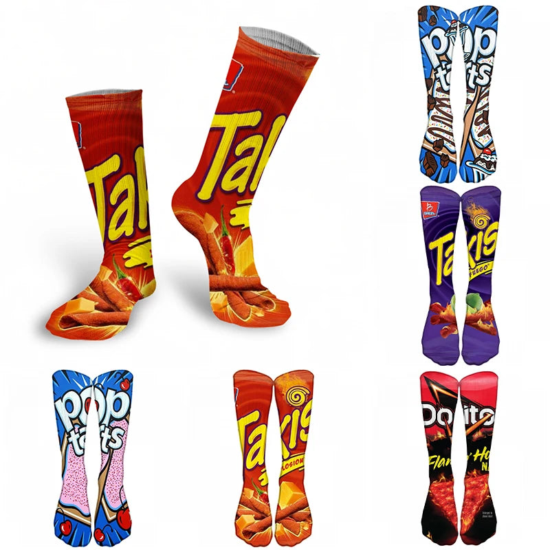 New Compression Street Punk Socks Women Unisex Funny Chips 3D Printed Cotton Fashion Mid-calf Socks Fashion Casual Calcetines