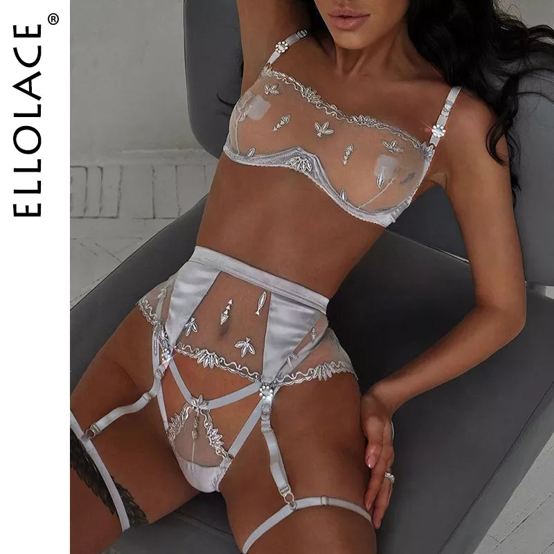 Ellolace Short Skin Care Kits Sensual Lingerie Sliver Embroidery Bra Lace Sexy Set Woman 2 Pieces with Garters Erotic Underwear