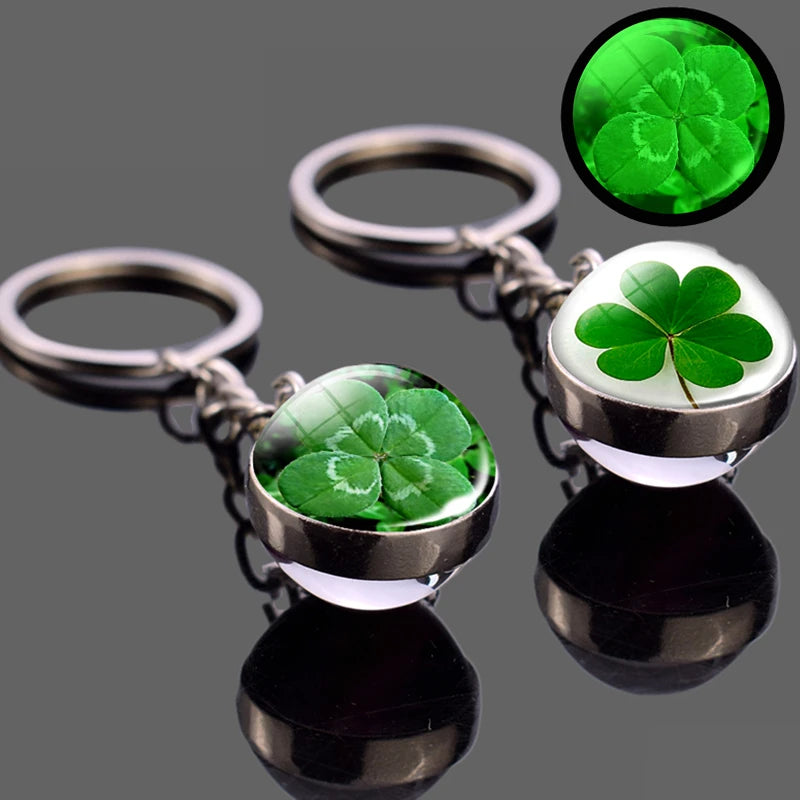 Glowing Clover Keychain Four Leaf Clover Luminous Glass Ball Key Chain Keyring Lucky Jewelry St Patricks Day Gifts Irish Pendant