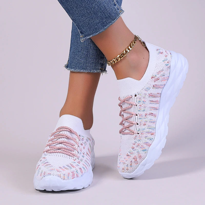 Lucyever Colorful Knitted Sneakers for Women Autumn Breathable Thick Bottom Sports Shoes Woman Slip On Walking Shoes Size 43