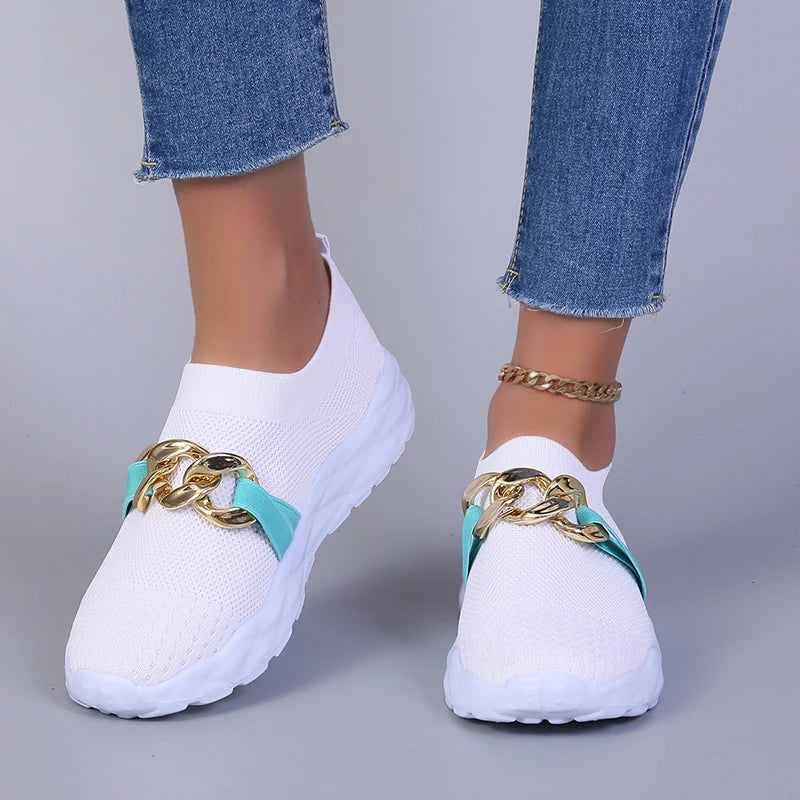 Breathable Knitting Flats Shoes for Women 2022 Autumn Fashion Chain Sports Shoes Woman Platform Slip on Socks Sneakers Plus Size