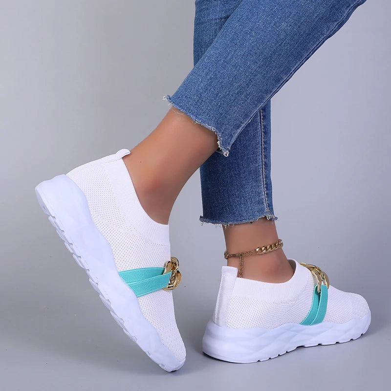 Breathable Knitting Flats Shoes for Women 2022 Autumn Fashion Chain Sports Shoes Woman Platform Slip on Socks Sneakers Plus Size