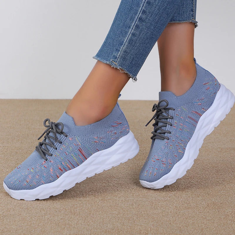 Lucyever Colorful Knitted Sneakers for Women Autumn Breathable Thick Bottom Sports Shoes Woman Slip On Walking Shoes Size 43