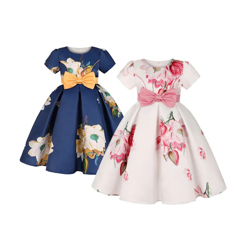 Floral Print Dresses Children Clothing Casual Princess Party Clothes With Bow in Multiple Colors