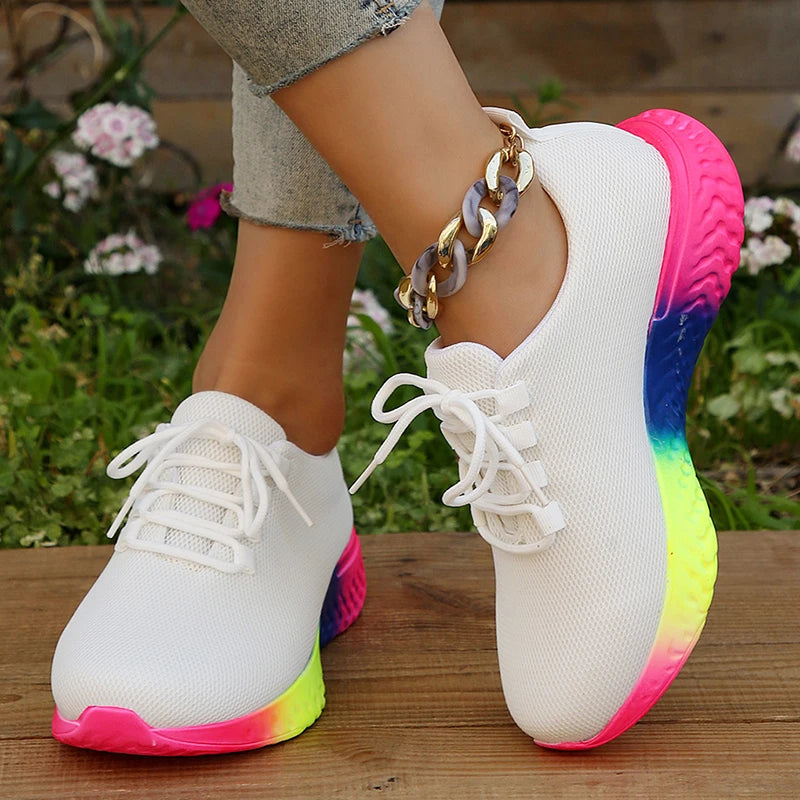Rainbow Sole Sneakers Women Plus Size 43 Mesh Breathable Platform Sports Shoes Woman Non-Slip Lace Up Tennis Shoes Zapatos Mujer