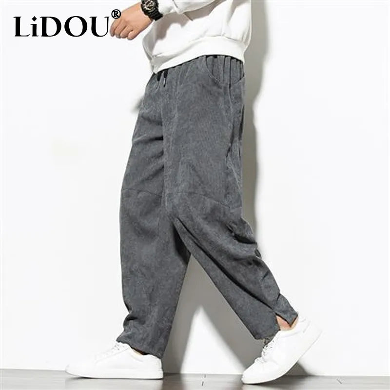 Spring Autumn New Solid Color Vintage Corduroy Wide Leg Trousers Man Elastic Waist Pockets Casual All-match Pants Male Clothing