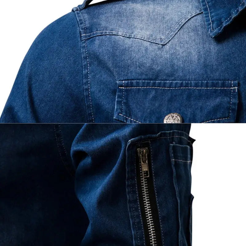 2023 New Men's Denim Turn-down Collar Shirt Coat Fashion Casual Daily Multi Pocket Button Shirt Thin Slim Men's Clothing