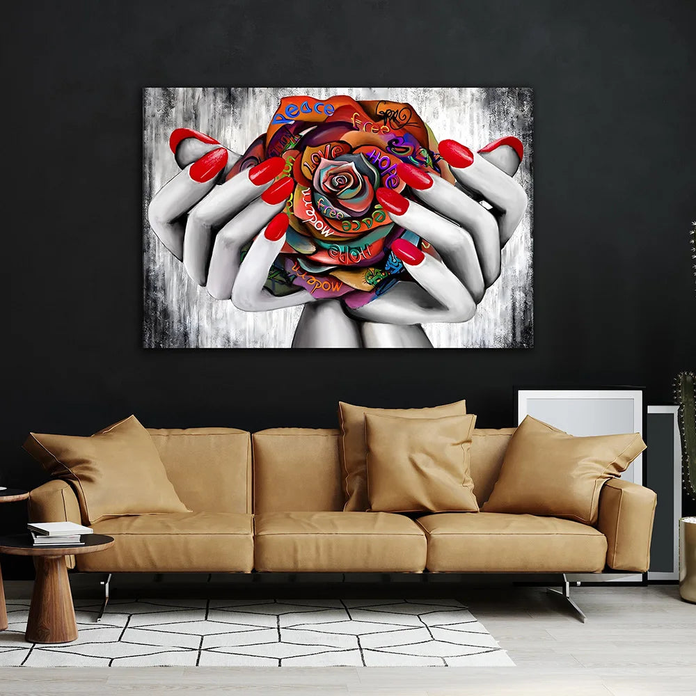 Abstract Grafitti Rose Posters Prints Black and Red Motivational Quotes Wall Art Canvas Painting Pictures Room Home Decoration