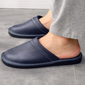 Autumn Winter Indoor Shoes Men's Slippers Plus Size 47 48 Man Concise Navy Blue Slides Simple Leather Home Slippers For Men