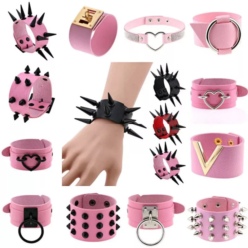 Boho Spike Bracelets For Women Punk Vegan Goth Pink PU Leather Bracelets Cuff Bangles Studded Halloween Wristband Party Jewelry