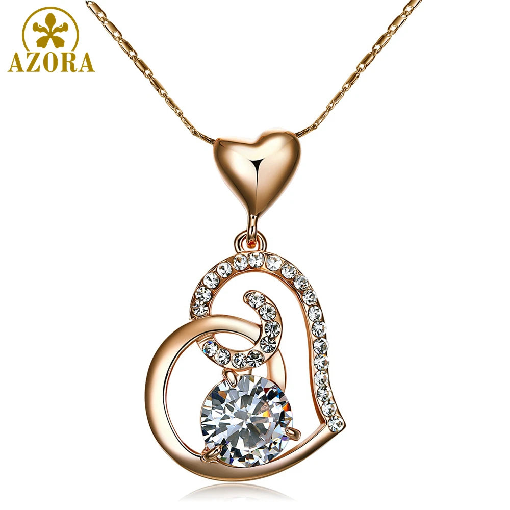 AZORA Rose Gold Color Clear Stellux Austrian Crystals Double Heart Pendant Necklace for Valentine's Day Gift of Love TN0009