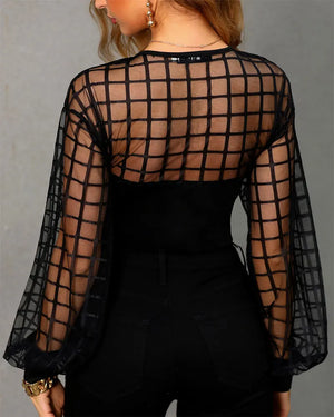 Women Fashion Black Patchwork sheer Shirt Female Long Sleeve Top Oversize  Brief  Sheer Grid Mesh Yoke Plus size Casual Blouse