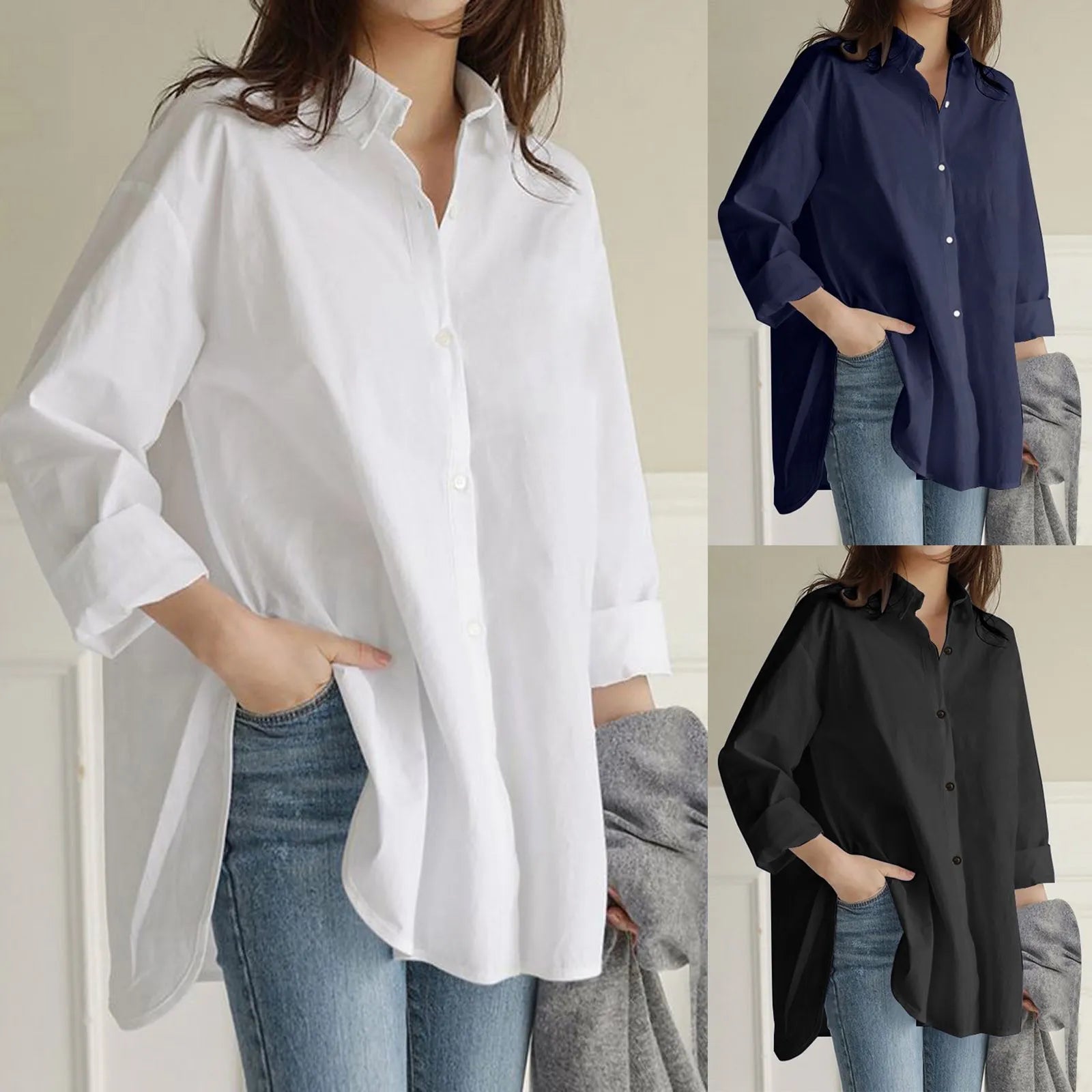 Casual Loose Long Shirt Women Solid Colour Oversize V-Neck Long Sleeve Button Top Shirt Blouse ropa mujer блузка женская 2023