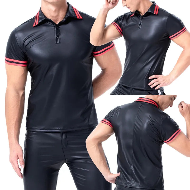 Plus Size Mens T-shirts Faux Leather Short Sleeve Shirts Tee Sports Fitness Body Shapers Streetwear Undershirts Casual Outfits