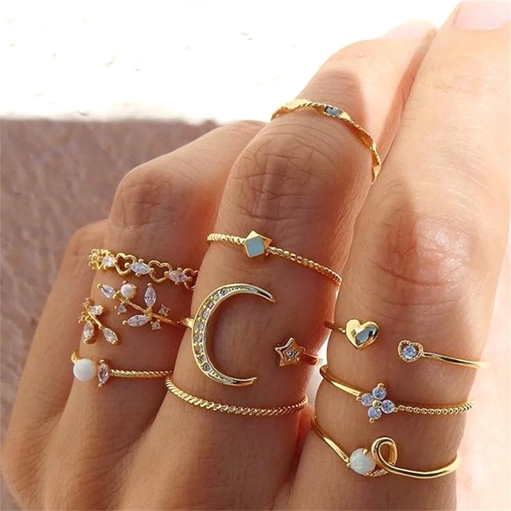 FNIO Bohemian Gold Chain Rings Set For Women Fashion Boho Coin Snake Moon Rings Party 2021 Trend Jewelry Gift