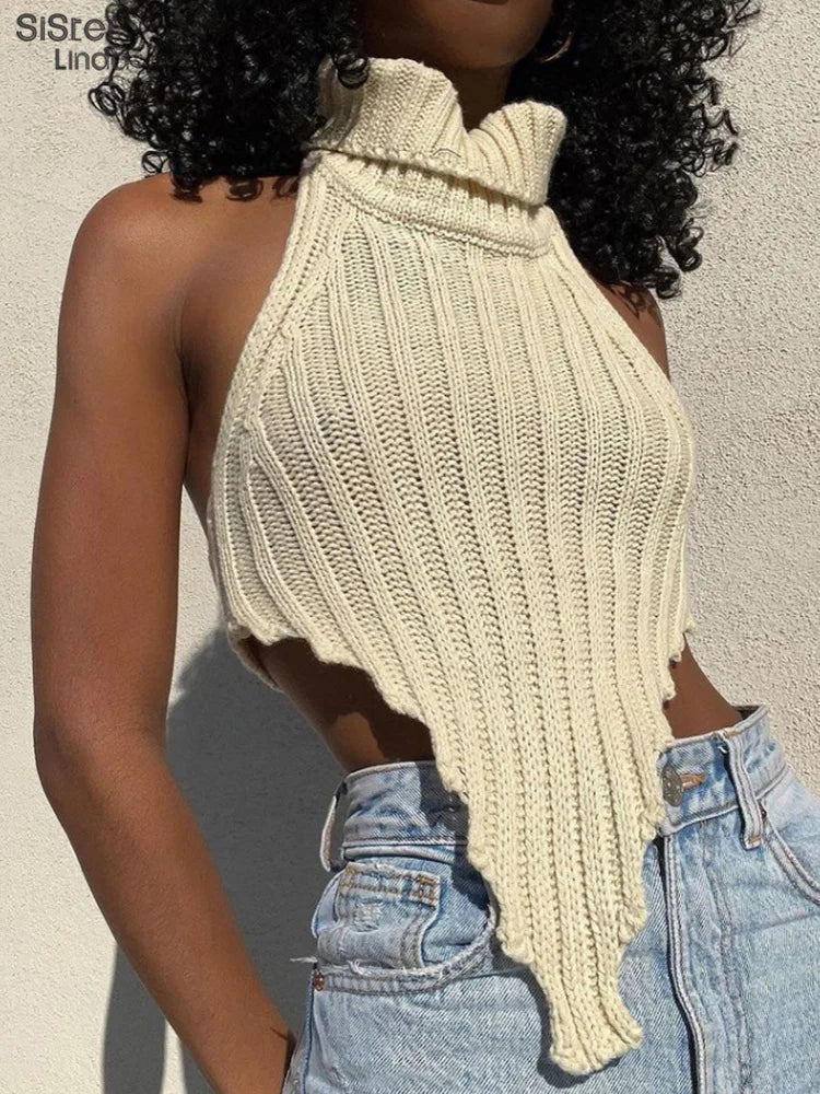 Sisterlinda Knitted Worsted Y2K Tank Top Women Fashion Irregular Shape Cut Out Wild Slim Activewear Vest Sleeveless Lady Outfits