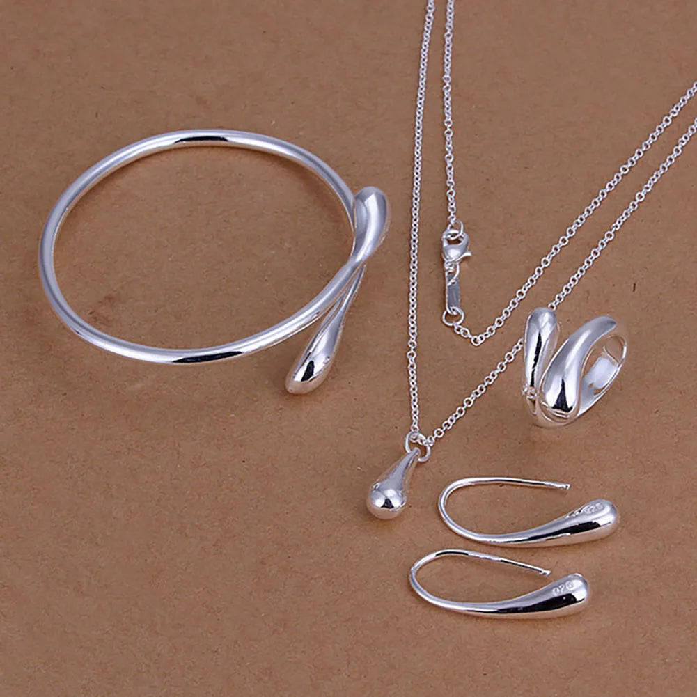 Hot Silver Plated Jewelry Set,Cheap Bridal Party Sets,Fashion Waterdrop Necklace Bangle Earrings Rings for women Four-pieces set
