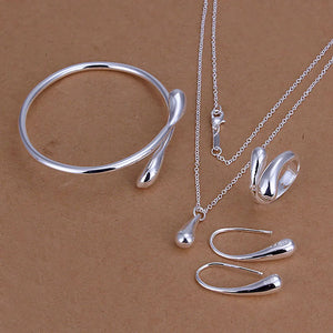 Hot Silver Plated Jewelry Set,Cheap Bridal Party Sets,Fashion Waterdrop Necklace Bangle Earrings Rings for women Four-pieces set