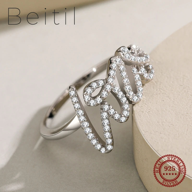 Beitil Fashion 925 Sterling Silver Sweet LOVE Sparkling Clear Zircon Finger Ring For Women Romantic Wedding Jewelry