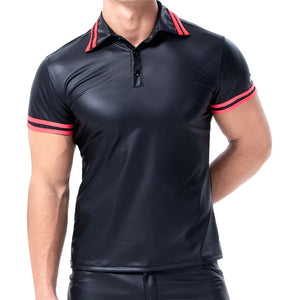 Plus Size Mens T-shirts Faux Leather Short Sleeve Shirts Tee Sports Fitness Body Shapers Streetwear Undershirts Casual Outfits