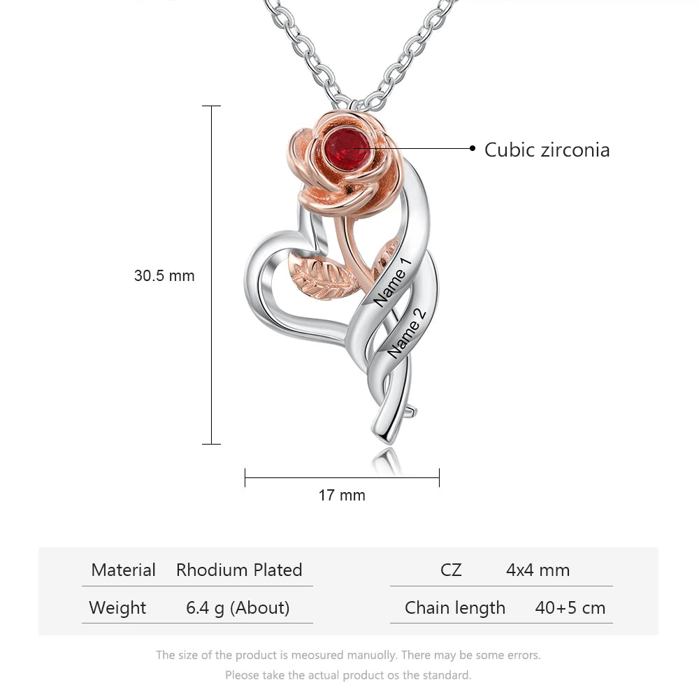 JewelOra Personalized Name Engraving Rose Flower Pendant Necklace Customized 12 Colors Birthstone Necklace Valentines Day Gift