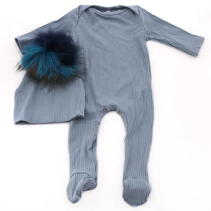 Baby Girls Real Fur pompom hat with Cotton Ribbed Bodysuits sets 0-3 month Baby Boy long sleeves Jumpsuit Outfits Clothes set