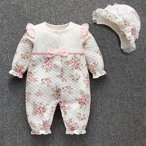 Winter Newborn Baby Girl Clothes Thicken Floral Princess Jumpsuit Clothing Sets Girls Bodysuit+ Hats