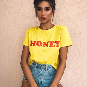 Honey Letter Print T Shirt Women Short Sleeve O Neck Loose Yellow Tshirt Summer Ladies Tee Shirt Tops Clothes Camisetas Mujer