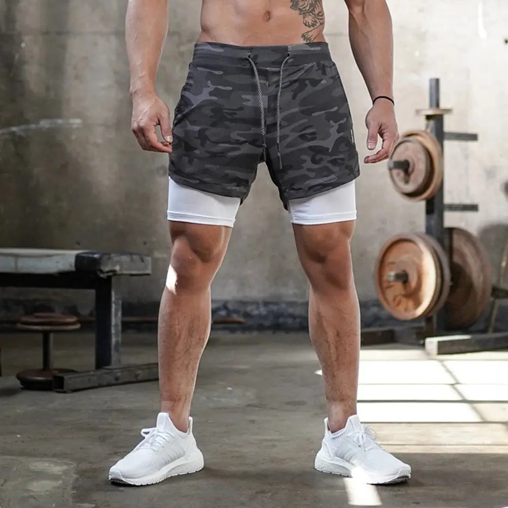 Men 2 in 1 Running Shorts Jogging Gym Fitness Training Quick Dry Double layer Short Pants Male Summer Sports Workout Bottoms