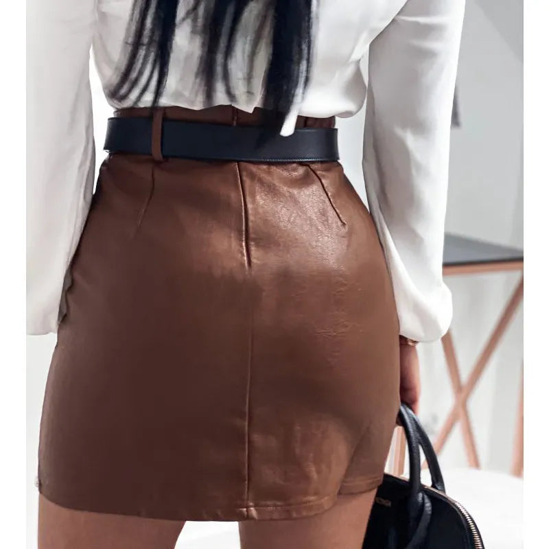 Elegant Fashion Rivets PU Leather Skirts Women Mini Pencil Skirts Office Lady Solid Color High Waist Slim Bottoms Skirts