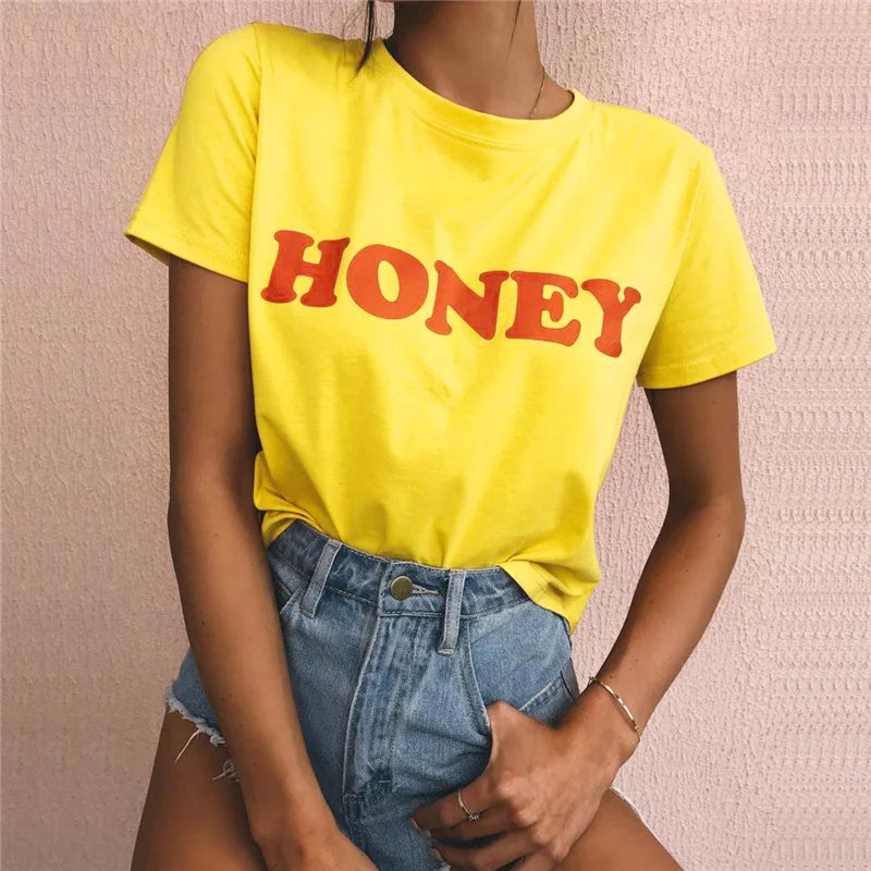 Honey Letter Print T Shirt Women Short Sleeve O Neck Loose Yellow Tshirt Summer Ladies Tee Shirt Tops Clothes Camisetas Mujer
