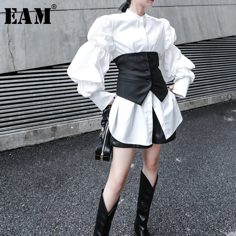 [EAM] Women White Big Size Pleated Split Blouse New Stand Collar Puff Sleeve Loose Fit Shirt Fashion Spring Autumn 2022 1K366