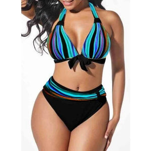S-5XL Plus Size Neon Striped Bikini Set Push Up Women High Waist Halter Beach Swimwear Retro Bowknot Bathing Suit Swimming Suit