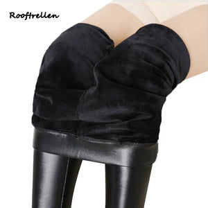 Rooftrellen 8%Spandex Large Size Plus Velvet Leggings Women PU Leather Leggings Winter Warm Legging Thickening Tight Leggings