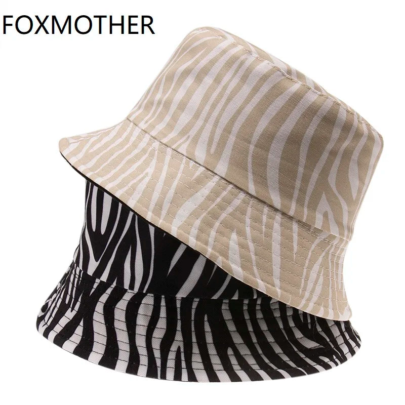 FOXMOTHER New Fashion Black Beige Striped Zebra Print Bucket Hats For Womens Ladies Gifts