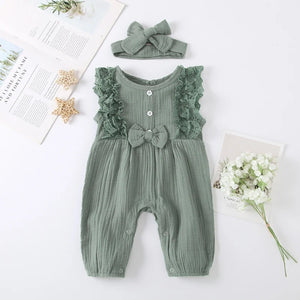 Summer Baby Girl Lace Rompers Newborn Girls Clothes Toddler Sleeveless Solid Design Jumpsuit With Headband One-Pieces