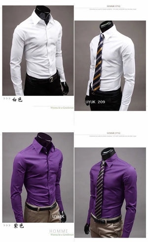 Men Shirt British Style Business Long-Sleeve Male Slim fit Casual Shirts Men's Clothing White Black wine Shirts men