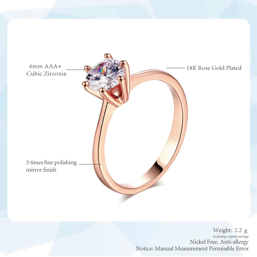 ZHOUYANG Wedding Ring For Women Rose Gold Color Six Claw Cubic Zirconia Round Cut 1 Carat 6mm Fashion Jewelry R013 R014