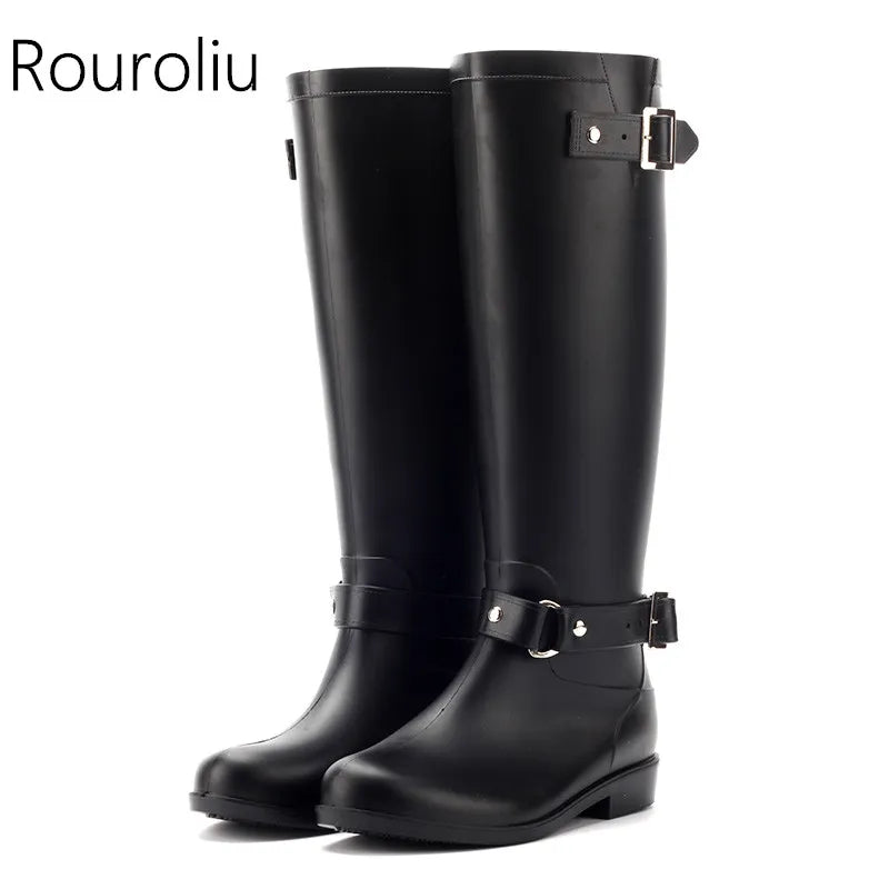 Rouroliu Waterproof Motorcycle Rain Boots Women Knee-High Back Zip Rainboots Woman Water Shoes Wellies Plus Size TS30