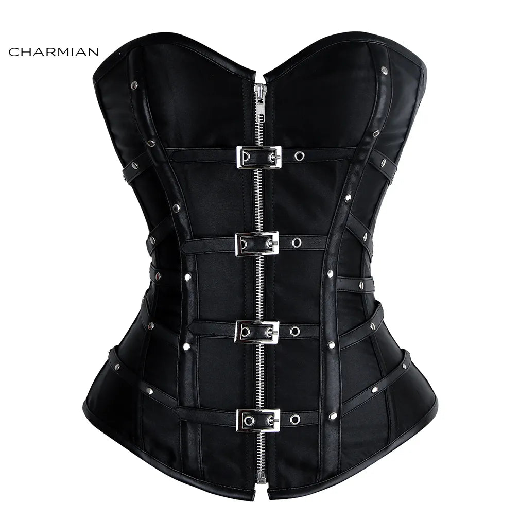 Charmian Steampunk Leather Corset Top Women Sexy Gothic Satin Boned Rivet Buckle Zipper Overbust Corset Bustier Plus Size Goth