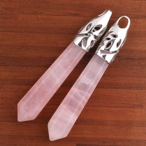 KFT Silver Plated Natural Healing Crystal Rose Pink Quartz Reiki Hexagon Prism Pendulum Stone Pendant Women Men Jewelry