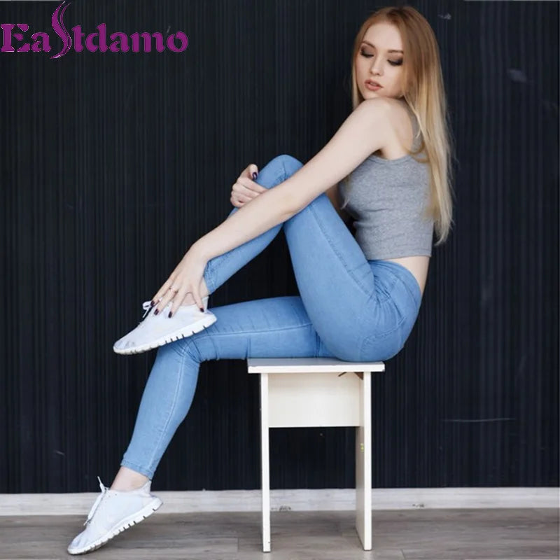 Eastdamo Slim Jeans For Women Skinny High Waist Jeans Woman Blue Denim Pencil Pants Stretch Waist Women Jeans Pants Plus Size