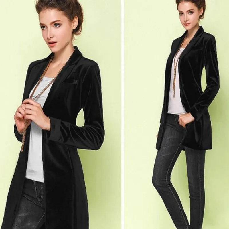 New Female High Quality Chic Tops Europe women's velvet blazer Slim Fit Long OL jacket Ladies Blouses Plus Size Free Shipping