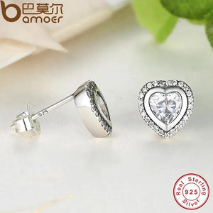 BAMOER 925 Sterling Silver Love Heart Shape Stud Earrings for Women Clear Cubic Zirconia Fashion Anniversary Jewelry PAS405