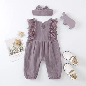 Summer Baby Girl Lace Rompers Newborn Girls Clothes Toddler Sleeveless Solid Design Jumpsuit With Headband One-Pieces