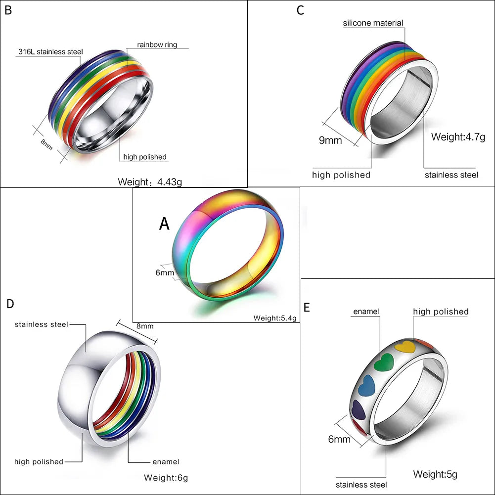 Men Women Rainbow Colorful Ring Round Engagement Wedding Stainless Steel Rings Trendy Band Lesbian & Gay Couple Rings Jewelry