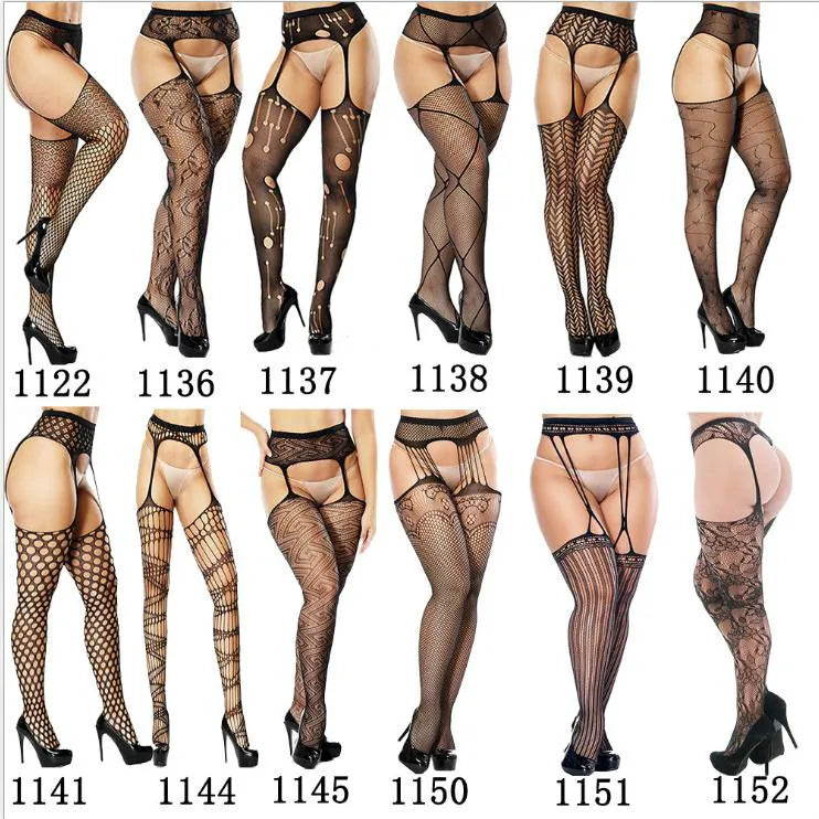 Women&#39;s Sexy Solid Striped Elastic High Waist Transparent Stockings Lingerie Garter Fishnet Pantyhose Open Crotch Tights