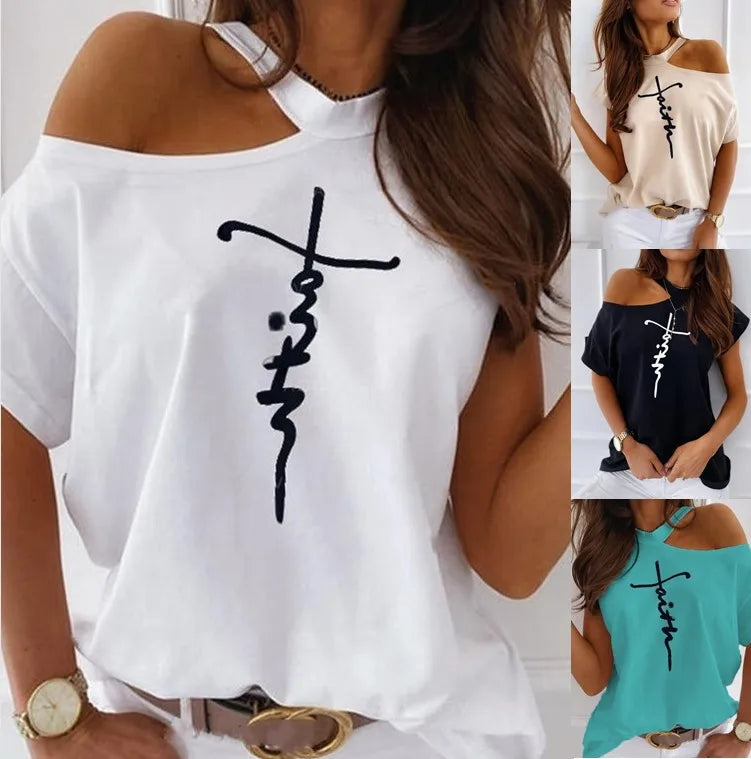 Printed T-shirt Women Plus Size Ladies One-shoulder Letter Tops Summer Loose and Cute T-shirt Fashion Top Women Strapless Sexy